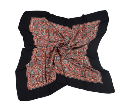 Ajrakh Modal Silk Natural Dye Three Colour Print ( 3 Kam ) Hand Block Print Scarf  - 1.1 Mtr Length   -  SKU : AI11302D