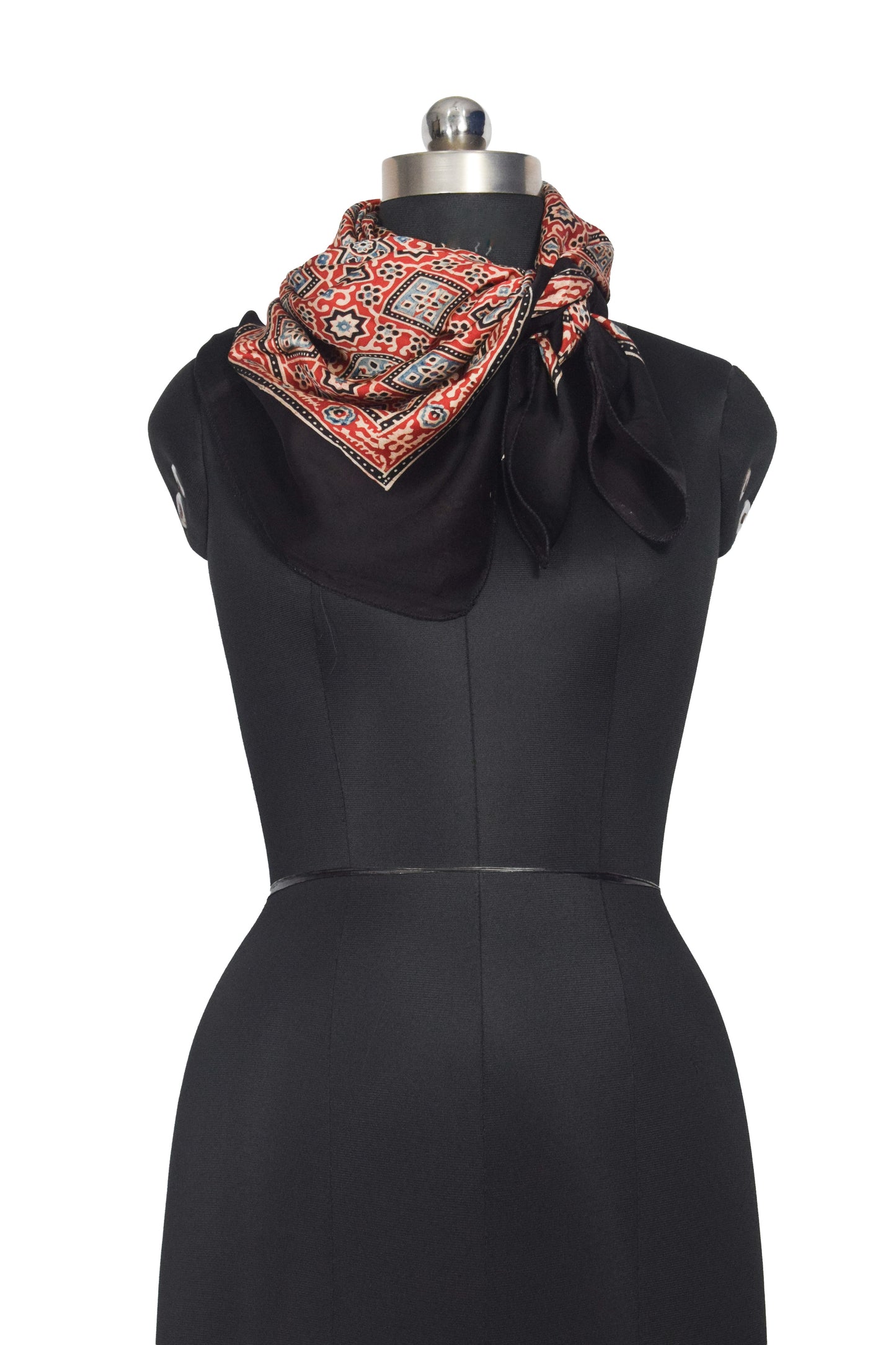 Ajrakh Modal Silk Natural Dye Three Colour Print ( 3 Kam ) Hand Block Print Scarf  - 1.1 Mtr Length   -  SKU : AI11302D