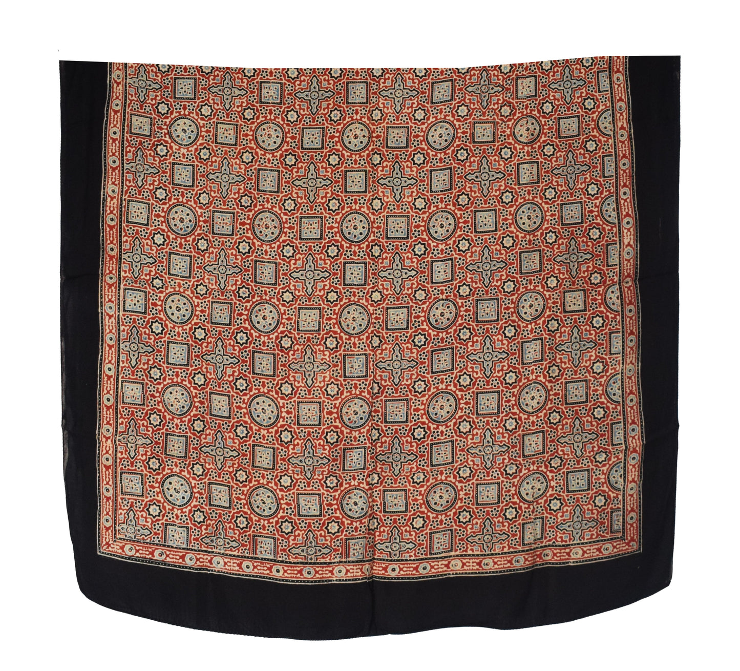 Ajrakh Modal Silk Natural Dye Three Colour Print ( 3 Kam ) Hand Block Print Scarf  - 1.1 Mtr Length   -  SKU : AI11302D
