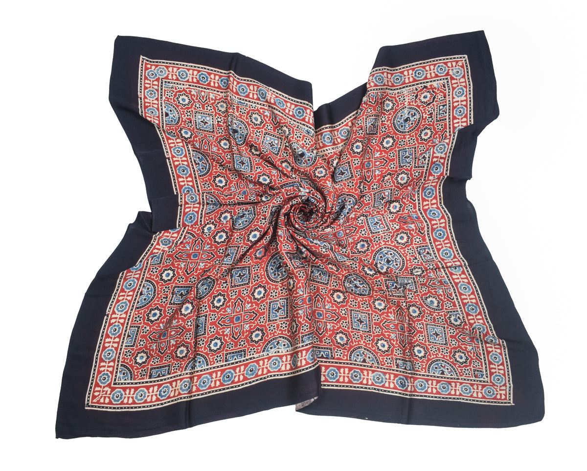 Ajrakh Modal Silk Natural Dye Three Colour Print | 3 Kam | Hand Block Print Scarf  - 1.1 Mtr Length   -  SKU : ID12A01C