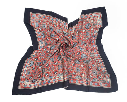 Ajrakh Modal Silk Natural Dye Three Colour Print | 3 Kam | Hand Block Print Scarf  - 1.1 Mtr Length   -  SKU : ID12A01C