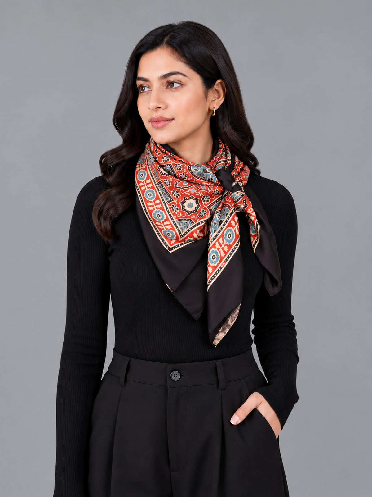 Ajrakh Modal Silk Natural Dye Three Colour Print | 3 Kam | Hand Block Print Scarf  - 1.1 Mtr Length   -  SKU : ID12A01C