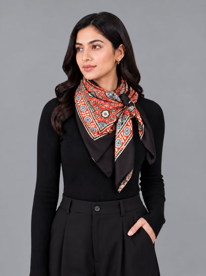 Ajrakh Modal Silk Natural Dye Three Colour Print | 3 Kam | Hand Block Print Scarf  - 1.1 Mtr Length   -  SKU : ID12A01C