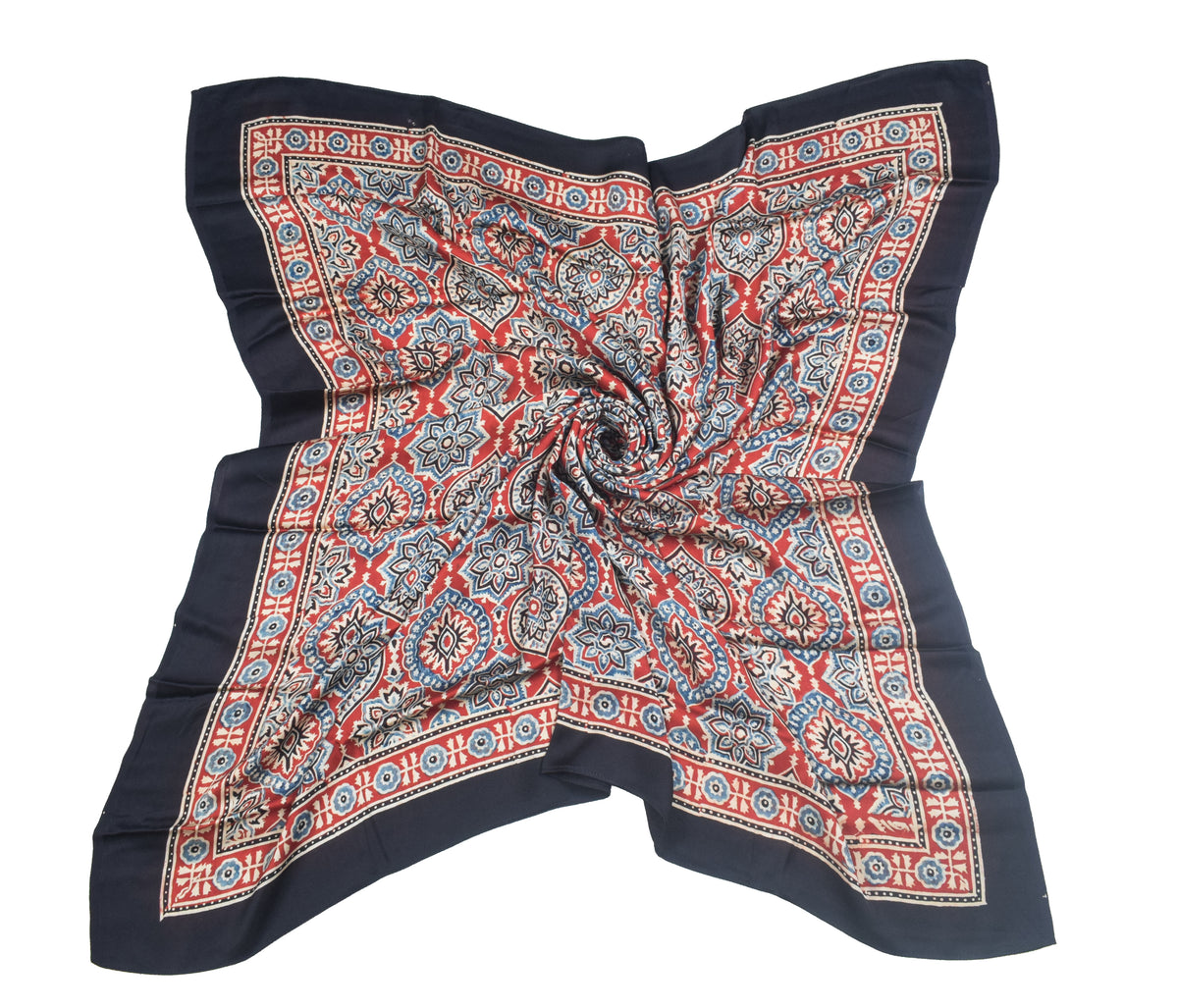 Ajrakh Modal Silk Natural Dye Three Colour Print | 3 Kam | Hand Block Print Scarf  - 1.1 Mtr Length   -  SKU : ID12A01G
