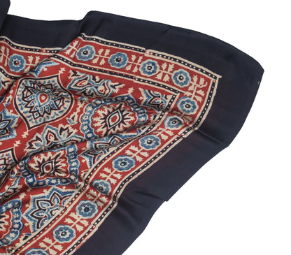 Ajrakh Modal Silk Natural Dye Three Colour Print | 3 Kam | Hand Block Print Scarf  - 1.1 Mtr Length   -  SKU : ID12A01G