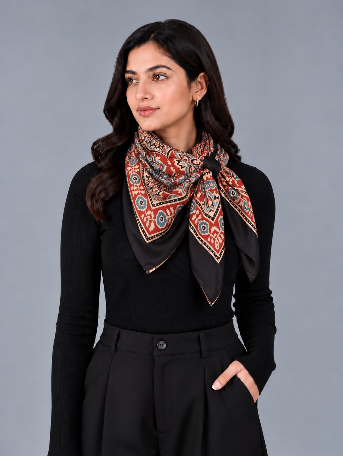 Ajrakh Modal Silk Natural Dye Three Colour Print | 3 Kam | Hand Block Print Scarf  - 1.1 Mtr Length   -  SKU : ID12A01G
