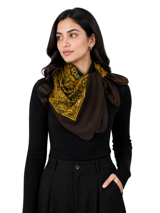 Ajrakh Modal Silk Natural Dye Three Colour Print ( 3 Kam ) Hand Block Print Scarf  - 1.1 Mtr Length   -  SKU : AI11302B