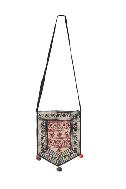 Bela Print Cotton Small Mirror Work Hand Block Print Shoulder Bag  - 33 cms Length    -  SKU : KU28C02A