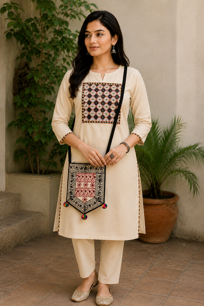 Bela Print Cotton Small Mirror Work Hand Block Print Shoulder Bag  - 33 cms Length    -  SKU : KU28C02A