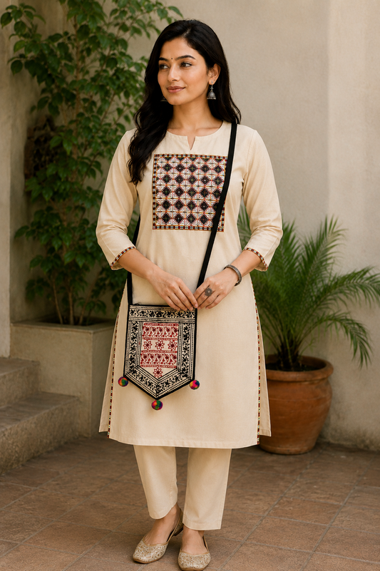 Bela Print Cotton Small Mirror Work Hand Block Print Shoulder Bag  - 33 cms Length    -  SKU : KU28C02A