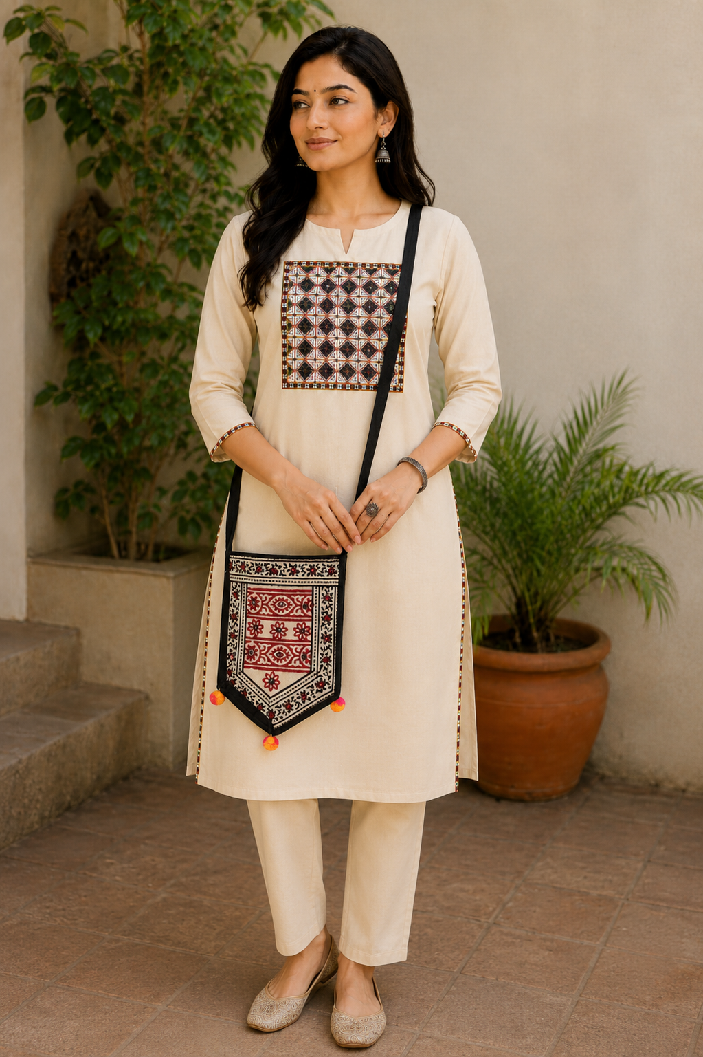 Bela Print Cotton Small Mirror Work Hand Block Print Shoulder Bag  - 33 cms Length    -  SKU : KU28C02B