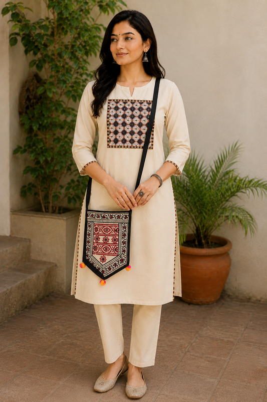 Bela Print Cotton Small Mirror Work Hand Block Print Shoulder Bag  - 33 cms Length    -  SKU : KU28C02B