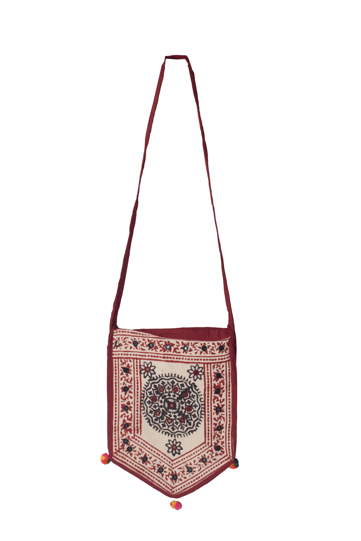 Bela Print Cotton Small Mirror Work Hand Block Print Shoulder Bag  - 33 cms Length    -  SKU : KU28C02D