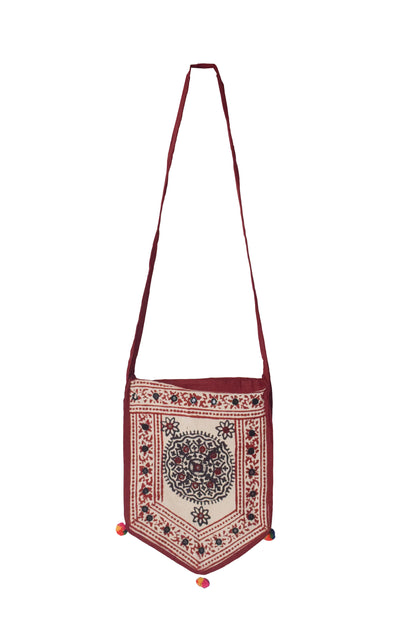 Bela Print Cotton Small Mirror Work Hand Block Print Shoulder Bag  - 33 cms Length    -  SKU : KU28C02D