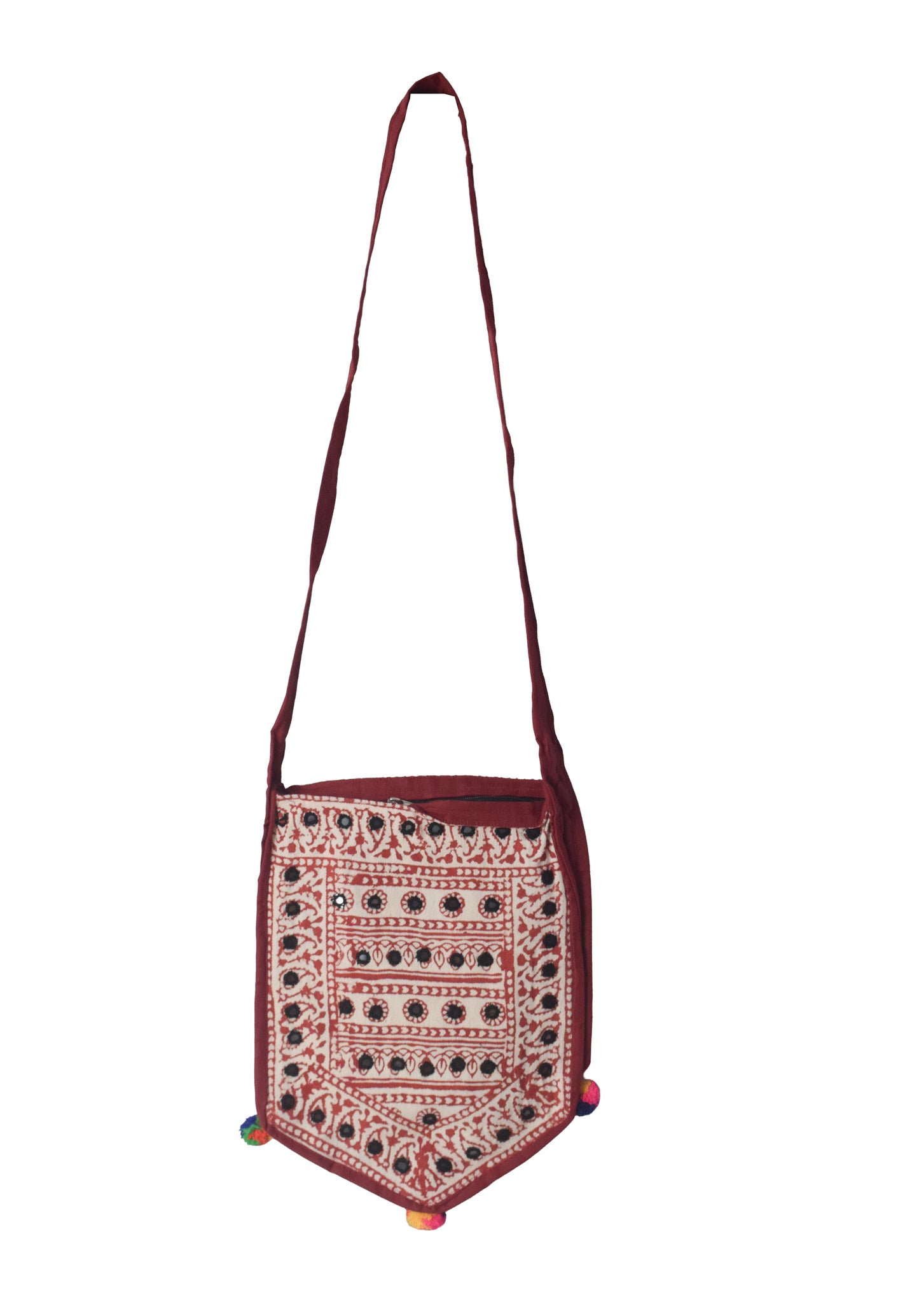 Bela Print Cotton Small Mirror Work Hand Block Print Shoulder Bag  - 33 cms Length    -  SKU : KU28C02E