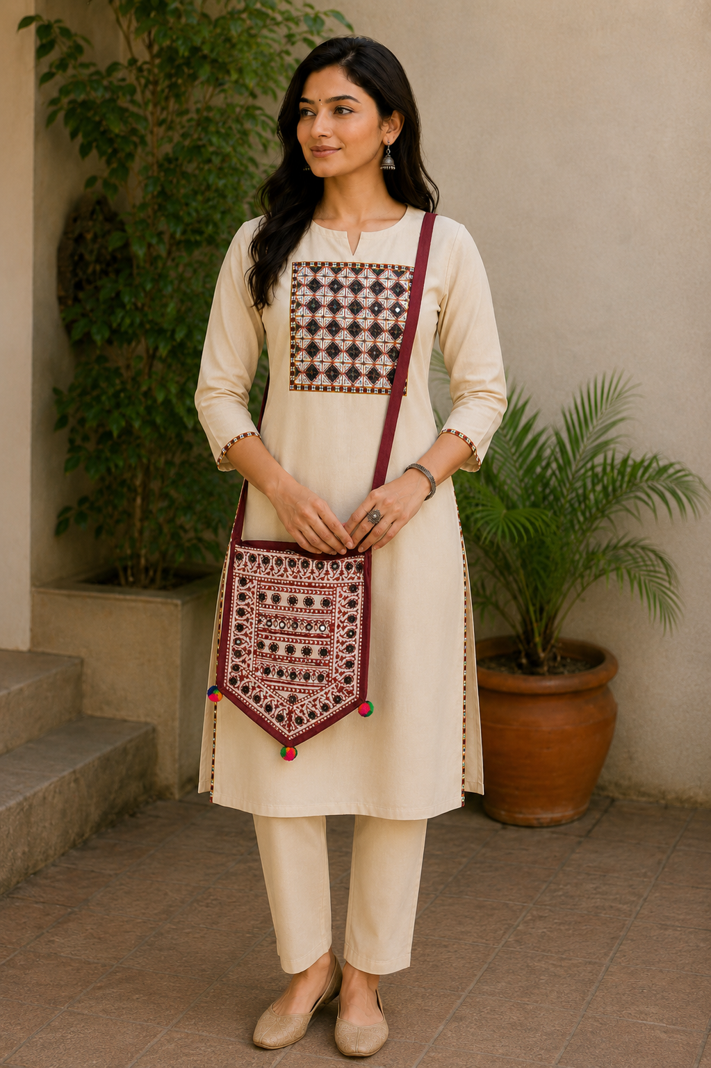 Bela Print Cotton Small Mirror Work Hand Block Print Shoulder Bag  - 33 cms Length    -  SKU : KU28C02E