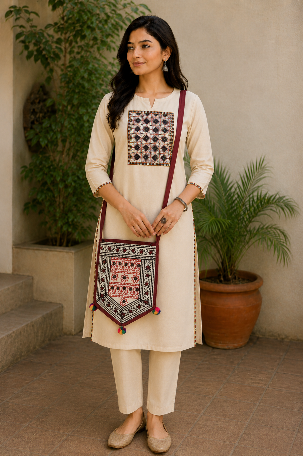 Bela Print Cotton Small Mirror Work Hand Block Print Shoulder Bag  - 33 cms Length    -  SKU : KU28C02F