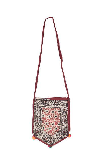 Bela Print Cotton Small Mirror Work Hand Block Print Shoulder Bag  - 33 cms Length    -  SKU : KU28C02G