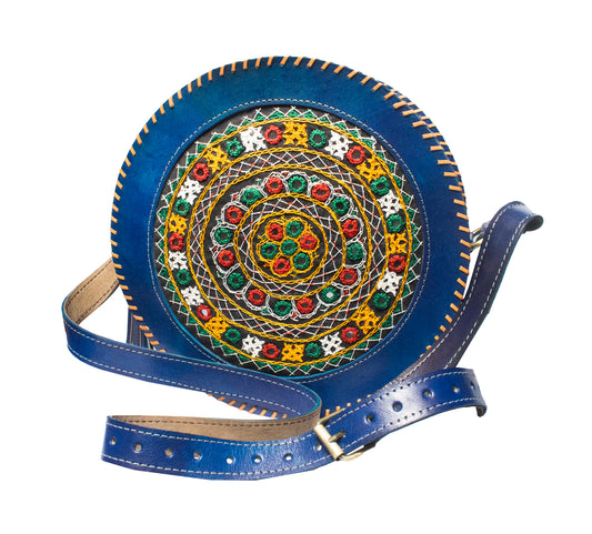 Bavalia Work Pure Leather Leathercraft Hand Made Hand Embroidery Sling Bag with Ajrakh Natural Dyed Mashru Silk Body - 26 cms Length    -  SKU : AB12701B