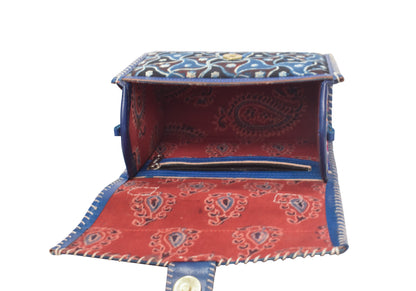 Ajrakh Pure Leather Hand Embroidery Sling Bag  Leather Art with Mashru Silk   -  SKU: AB25801H