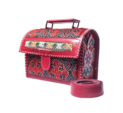 Ajrakh Pure Leather Hand Embroidery Sling Bag  Leather Art with Mashru Silk   -  SKU: AB25801B