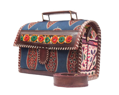 Ajrakh Pure Leather Hand Embroidery Sling Bag  Leather Art with Mashru Silk   -  SKU: AB25801V