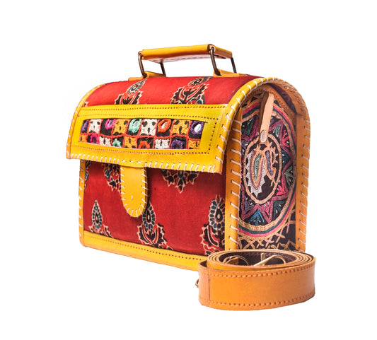 Ajrakh Pure Leather Hand Embroidery Sling Bag  Leather Art with Mashru Silk   -  SKU: AB2580AD