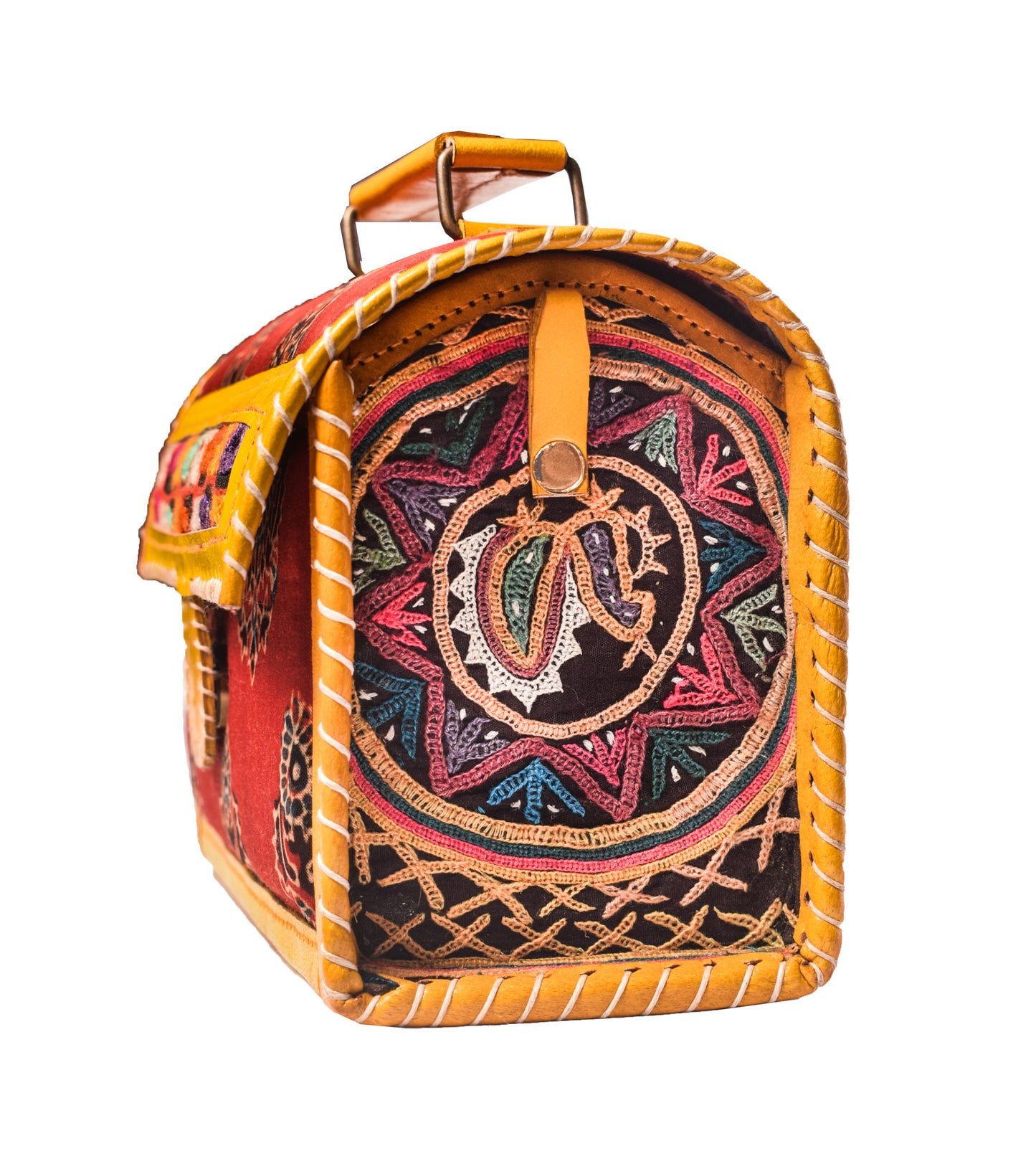 Ajrakh Pure Leather Hand Embroidery Sling Bag  Leather Art with Mashru Silk   -  SKU: AB2580AD