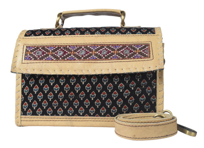 Ajrakh Rexine Hand Embroidered Mirror Work Sling Bag  - 16 cms Length    -  SKU : AB28501D