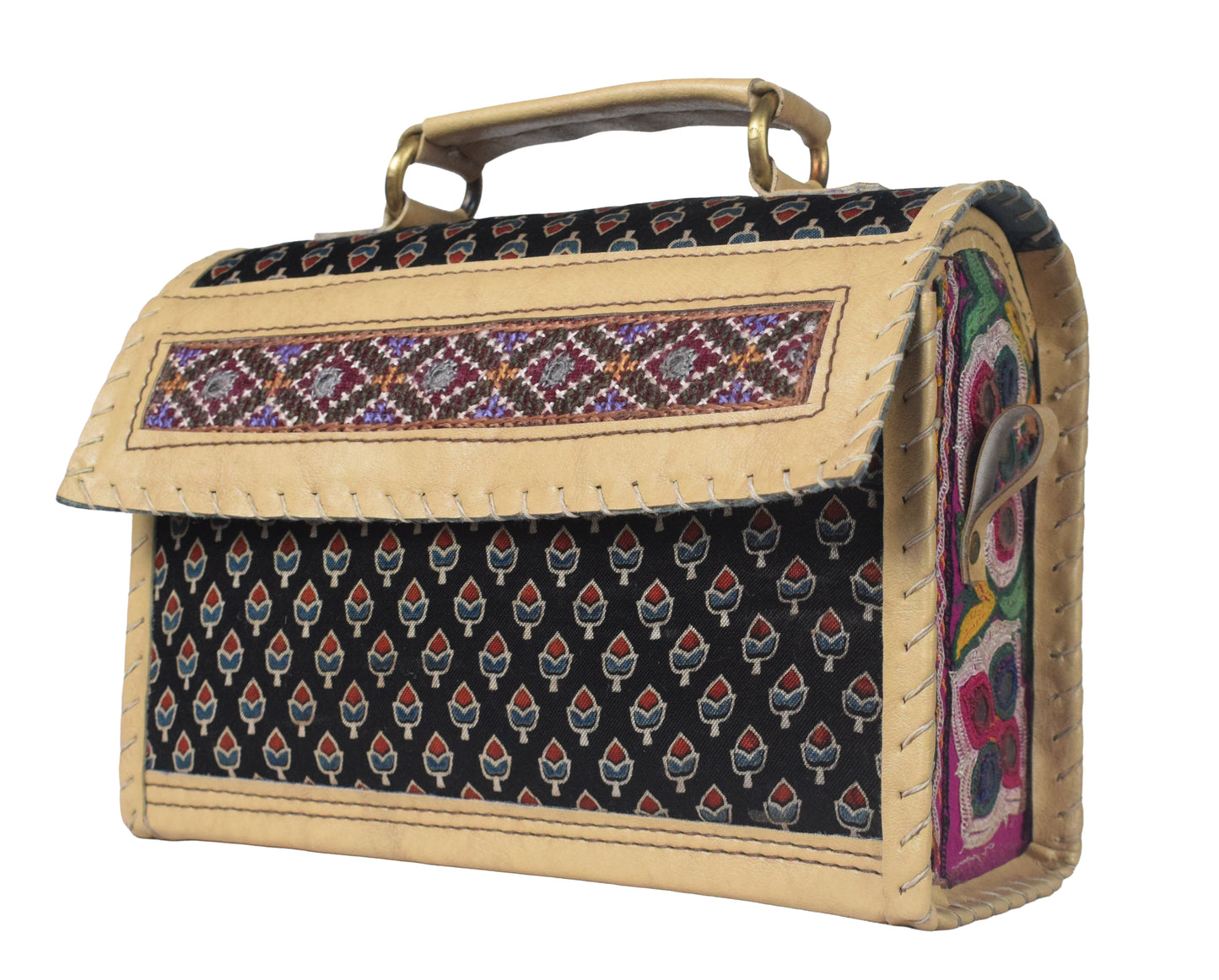 Ajrakh Rexine Hand Embroidered Mirror Work Sling Bag  - 16 cms Length    -  SKU : AB28501D