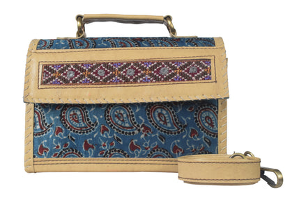 Ajrakh Rexine Hand Embroidered Mirror Work Sling Bag  - 16 cms Length    -  SKU : AB28501A