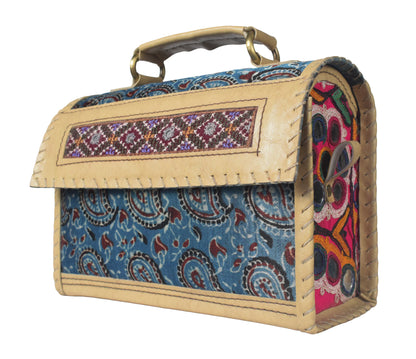 Ajrakh Rexine Hand Embroidered Mirror Work Sling Bag  - 16 cms Length    -  SKU : AB28501A