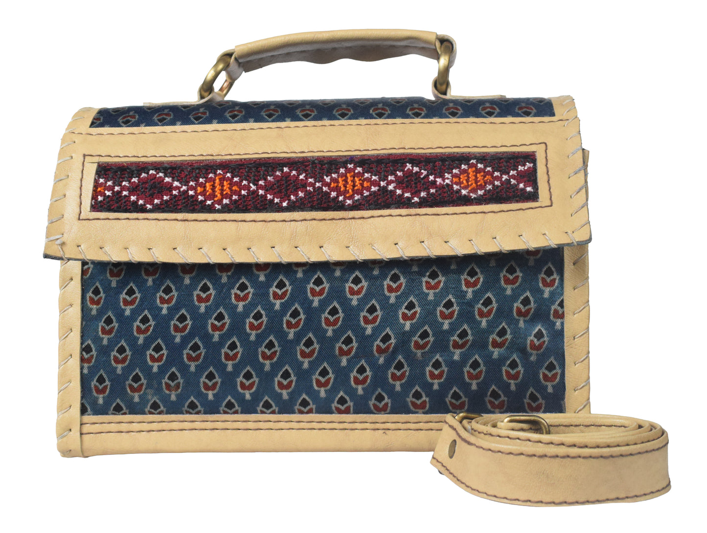 Ajrakh Rexine Hand Embroidered Mirror Work Sling Bag  - 16 cms Length    -  SKU : AB28501B