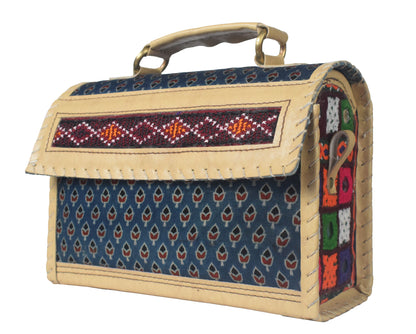 Ajrakh Rexine Hand Embroidered Mirror Work Sling Bag  - 16 cms Length    -  SKU : AB28501B