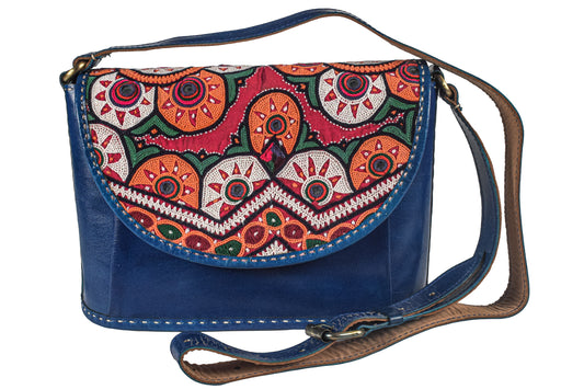 Ahir Work Pure Leather Leathercraft Hand Made Hand Embroidery Sling Bag  - 18 cms Height x    -  SKU : AB26601A
