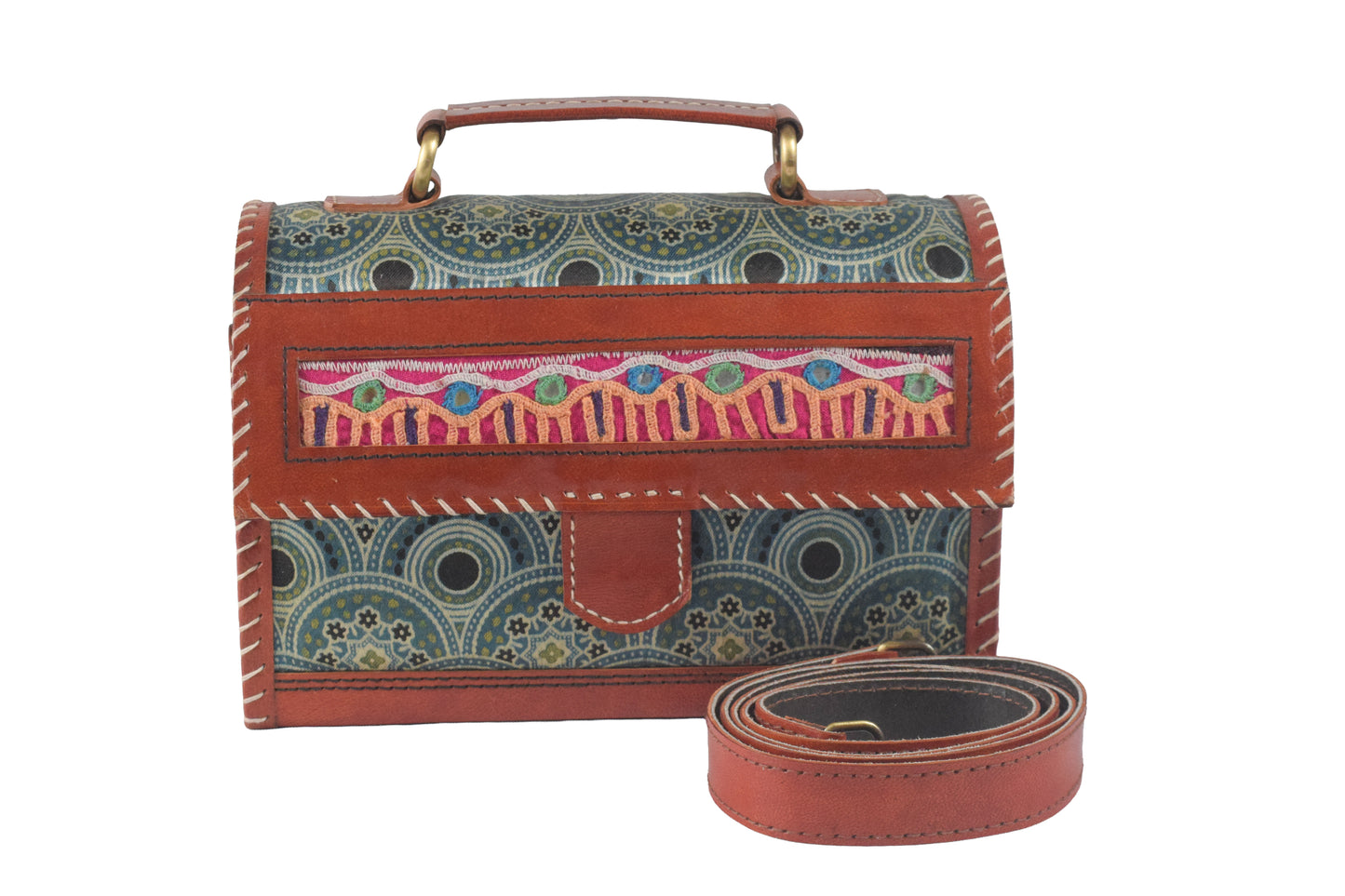 Ajrakh Pure Leather Leathercraft Hand Made Hand Embroidery Sling Bag Mirror Work - 15 cms Height x    -  SKU : AB23B01A