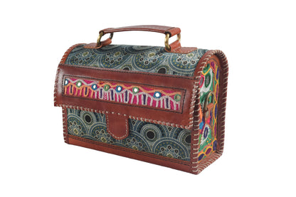 Ajrakh Pure Leather Leathercraft Hand Made Hand Embroidery Sling Bag Mirror Work - 15 cms Height x    -  SKU : AB23B01A