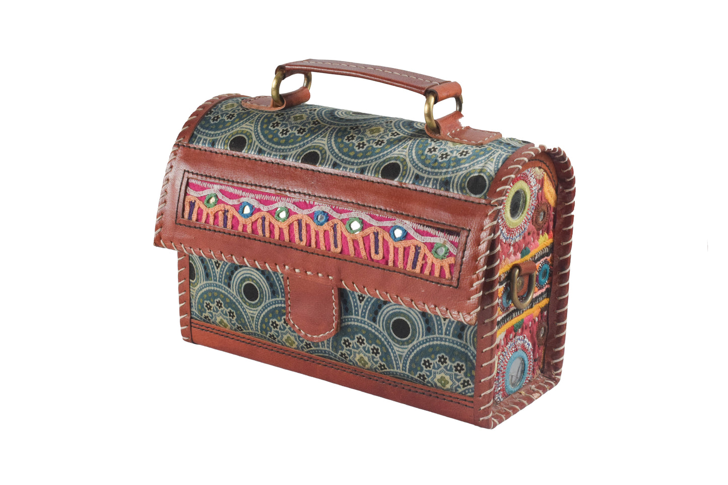Ajrakh Pure Leather Leathercraft Hand Made Hand Embroidery Sling Bag Mirror Work - 15 cms Height x    -  SKU : AB23B01A