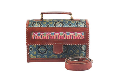 Ajrakh Pure Leather Leathercraft Hand Made Hand Embroidery Sling Bag Mirror Work - 15 cms Height x    -  SKU : AB23B01B
