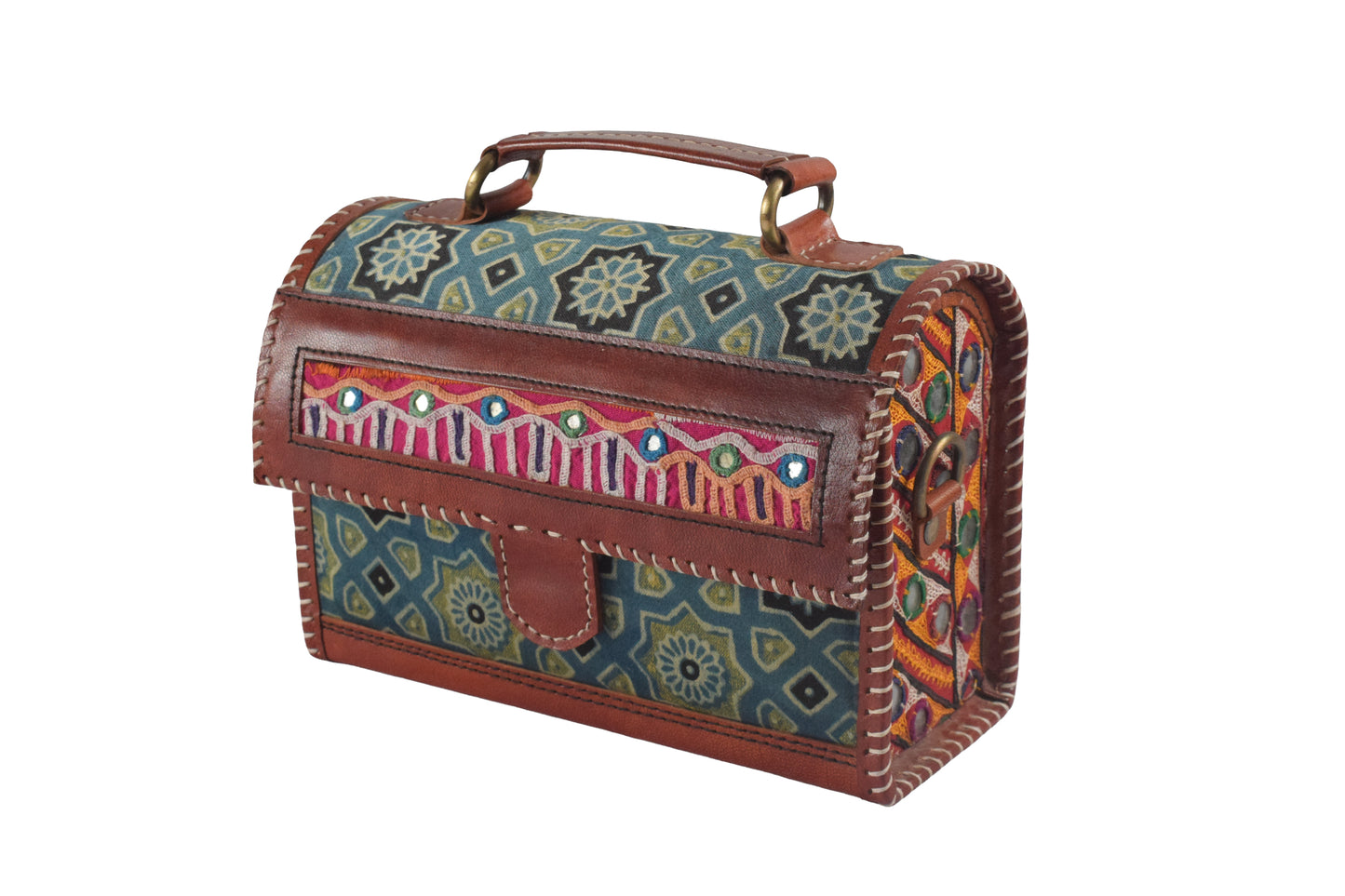 Ajrakh Pure Leather Leathercraft Hand Made Hand Embroidery Sling Bag Mirror Work - 15 cms Height x    -  SKU : AB23B01B