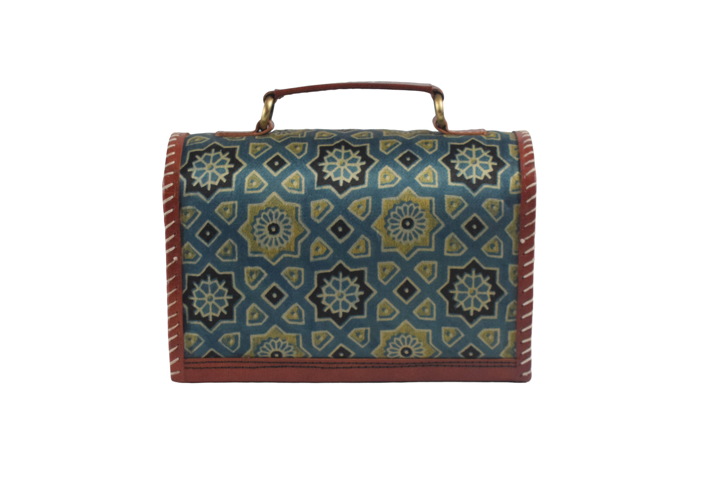 Ajrakh Pure Leather Leathercraft Hand Made Hand Embroidery Sling Bag Mirror Work - 15 cms Height x    -  SKU : AB23B01B