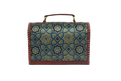 Ajrakh Pure Leather Leathercraft Hand Made Hand Embroidery Sling Bag Mirror Work - 15 cms Height x    -  SKU : AB23B01B