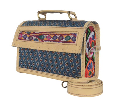 Ajrakh Pure Leather Leathercraft Hand Made Hand Embroidery Sling Bag Mirror Work - 15 cms Height x   -  SKU : AB23B01C