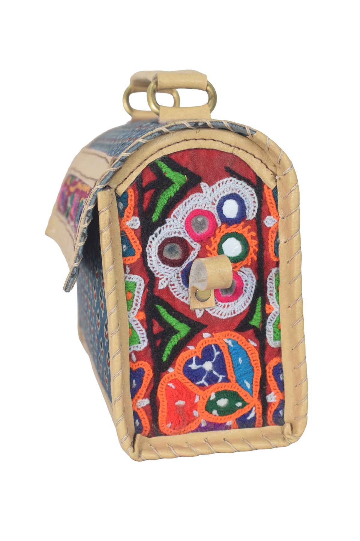 Ajrakh Pure Leather Leathercraft Hand Made Hand Embroidery Sling Bag Mirror Work - 15 cms Height x   -  SKU : AB23B01C