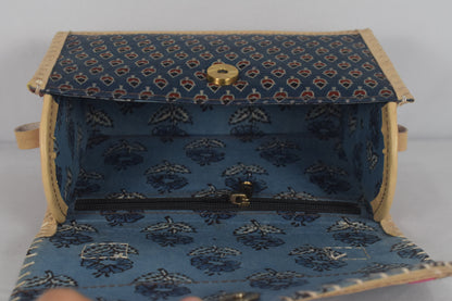 Ajrakh Pure Leather Leathercraft Hand Made Hand Embroidery Sling Bag Mirror Work - 15 cms Height x   -  SKU : AB23B01C
