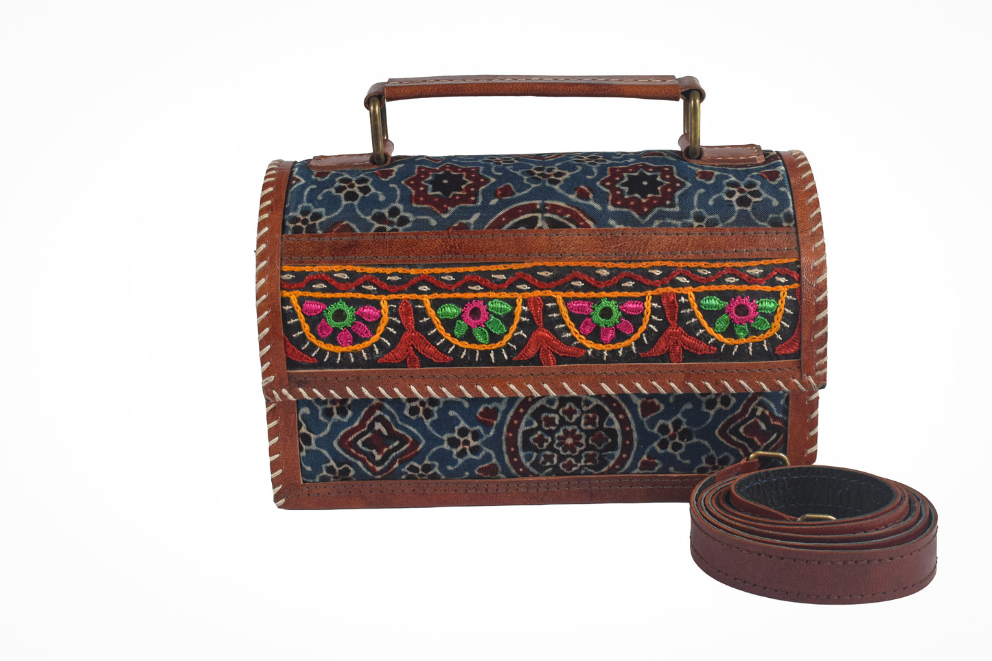 Ajrakh Pure Leather Leathercraft Hand Made Hand Embroidery Sling Bag Mirror Work - 13 cms Height x    -  SKU : AB06802B