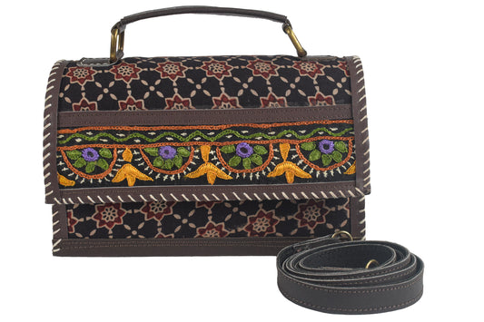 Ajrakh Rexine Hand Made Hand Embroidery Sling Bag Mirror Work - 13 cms Height x    -  SKU : AB06803B