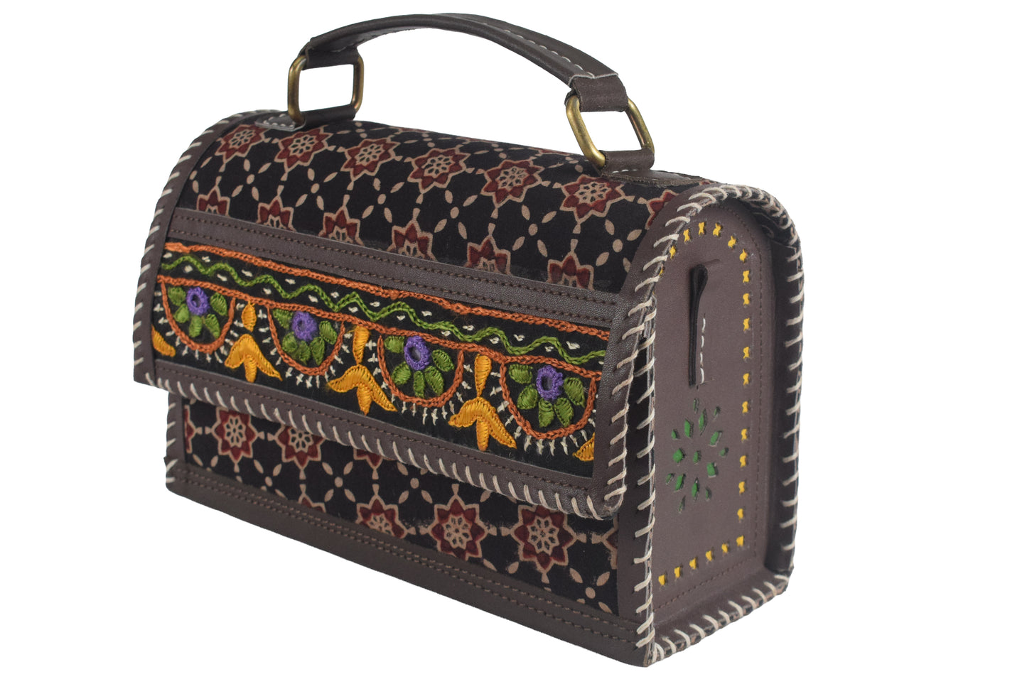 Ajrakh Rexine Hand Made Hand Embroidery Sling Bag Mirror Work - 13 cms Height x    -  SKU : AB06803B