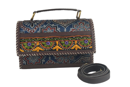Ajrakh Rexine Hand Made Hand Embroidery Sling Bag Mirror Work - 13 cms Height x    -  SKU : AB06803C