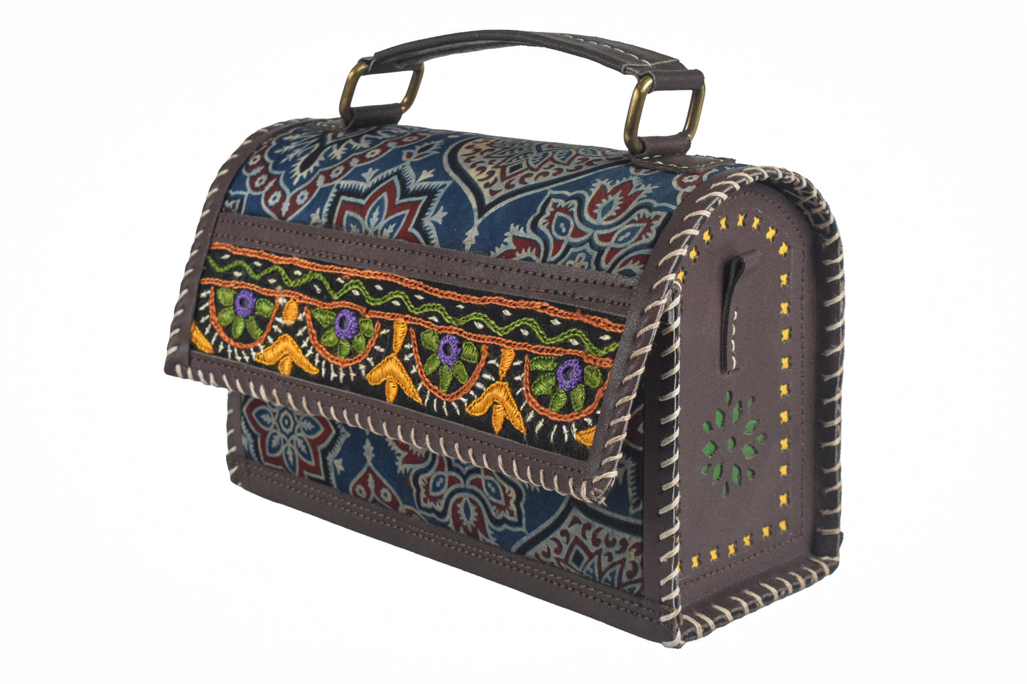 Ajrakh Rexine Hand Made Hand Embroidery Sling Bag Mirror Work - 13 cms Height x    -  SKU : AB06803C